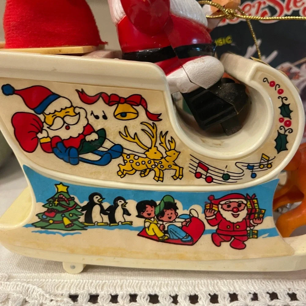 Vintage S.J.F. Happy Reindeer Sleigh Santa Christmas Musical Decoration